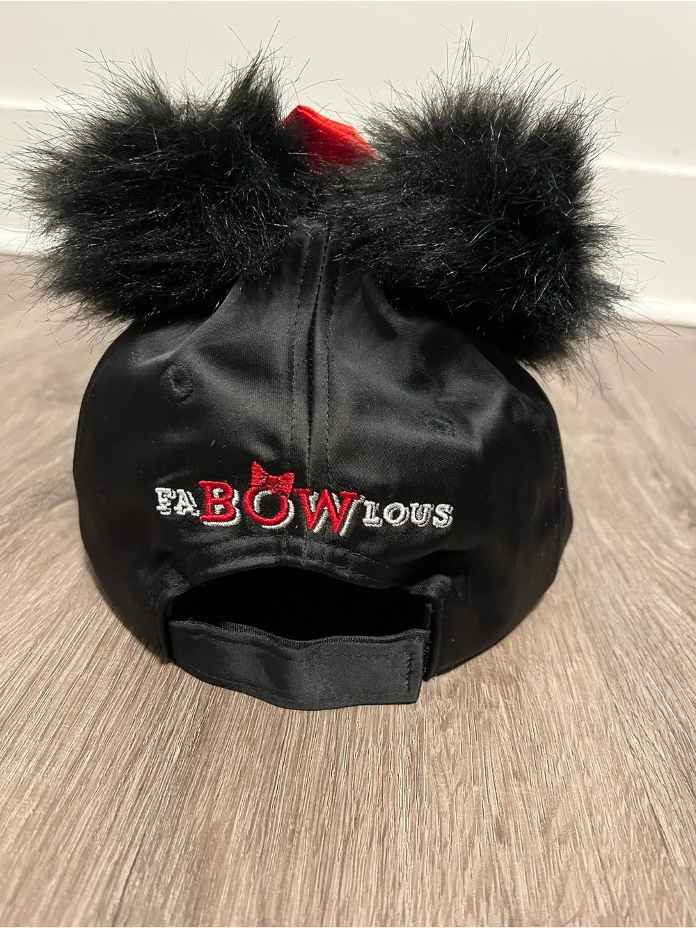 Disney Parks Black Faux Fur Ear Cap with Red Bow and Rhinestones NWOT